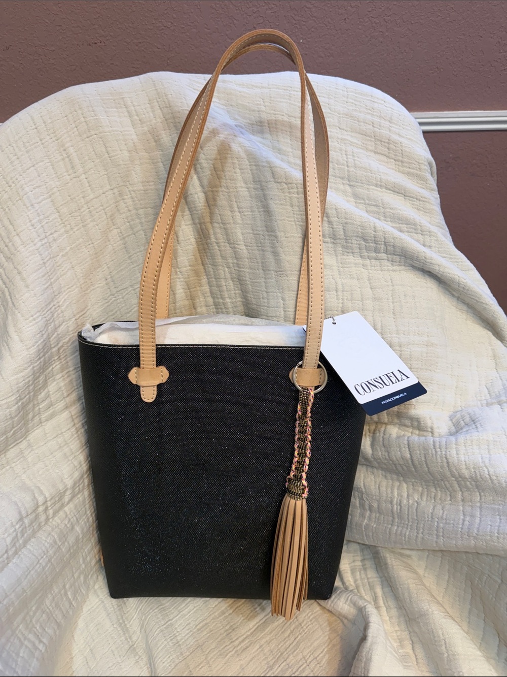 Consuela Black Glitter Tote with Tan Leather Straps everyday tote new w tags